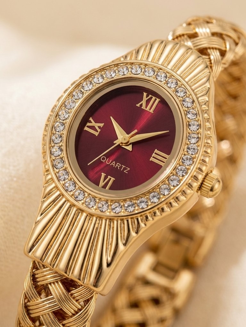 Gold-Tone Bracelet Watch with Burgundy Dial
